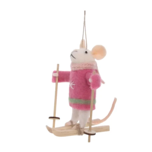 Ratón con Esquís y Abrigo Rosa