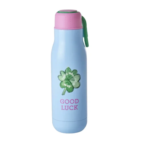Botella de Acero Inoxidable – Azul Suave – "Good Luck"